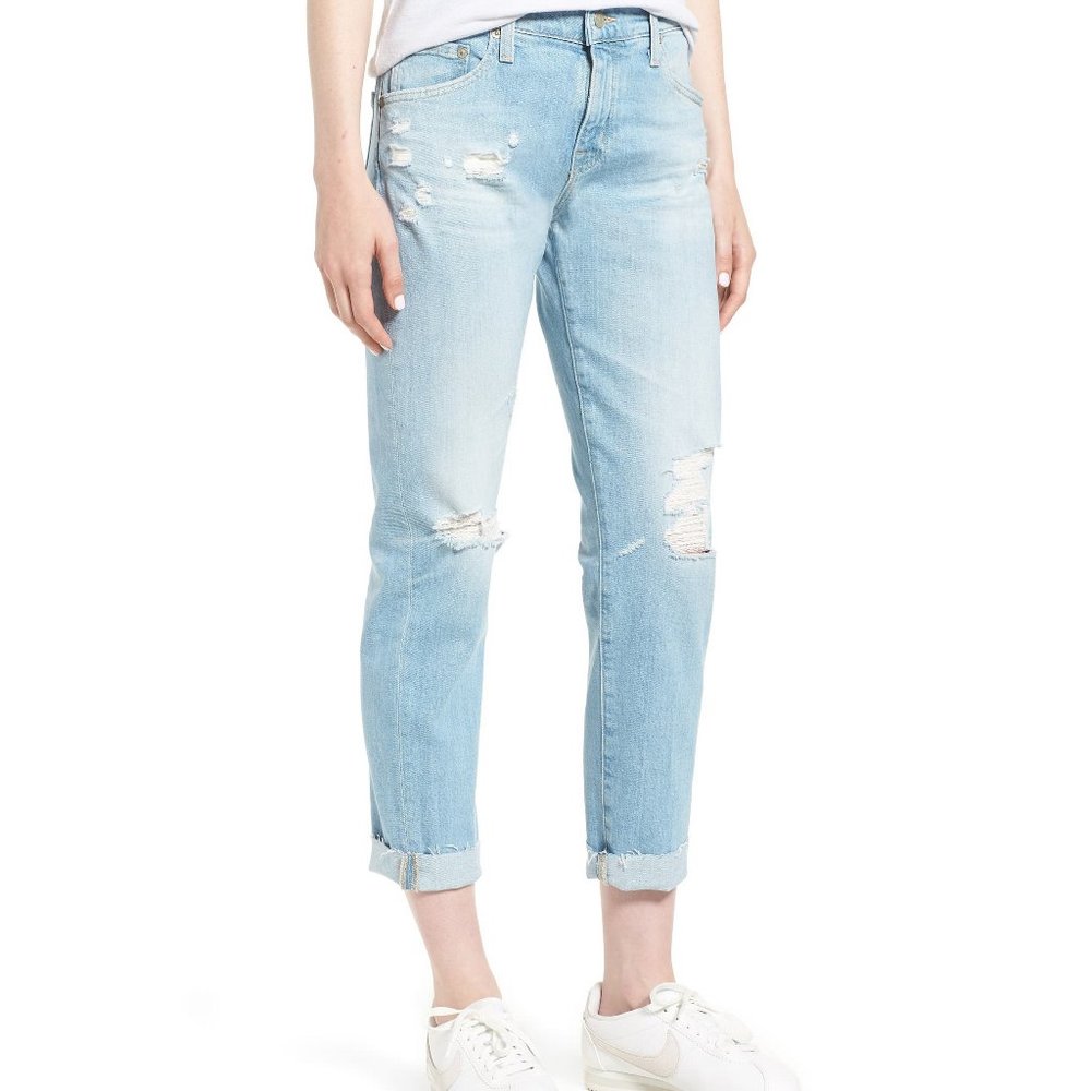 NWT AG Ex-Boyfriend Crop Slim Faded and Shredded Jeans, 23 YEARS CERULE